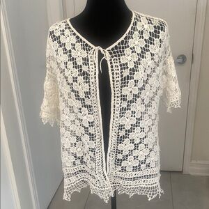 Hand-Crafted White Crochet Open-Front Cardigan beach coverup size medium